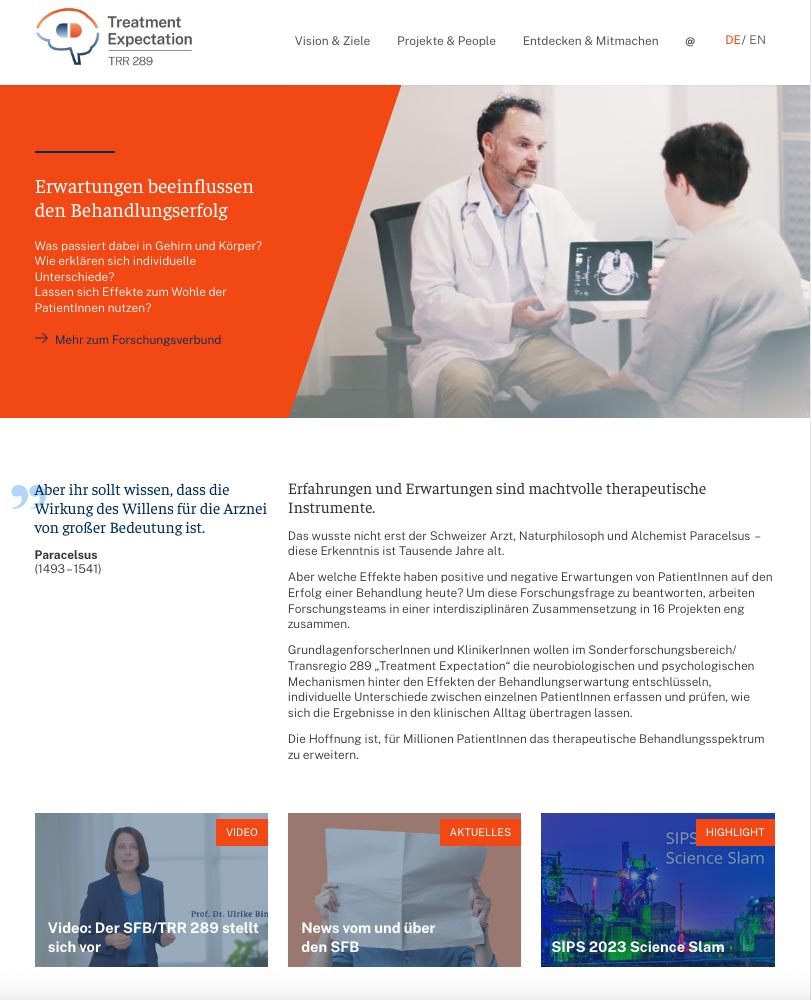 Screenshot der Homepage www.treatment-expectation.de